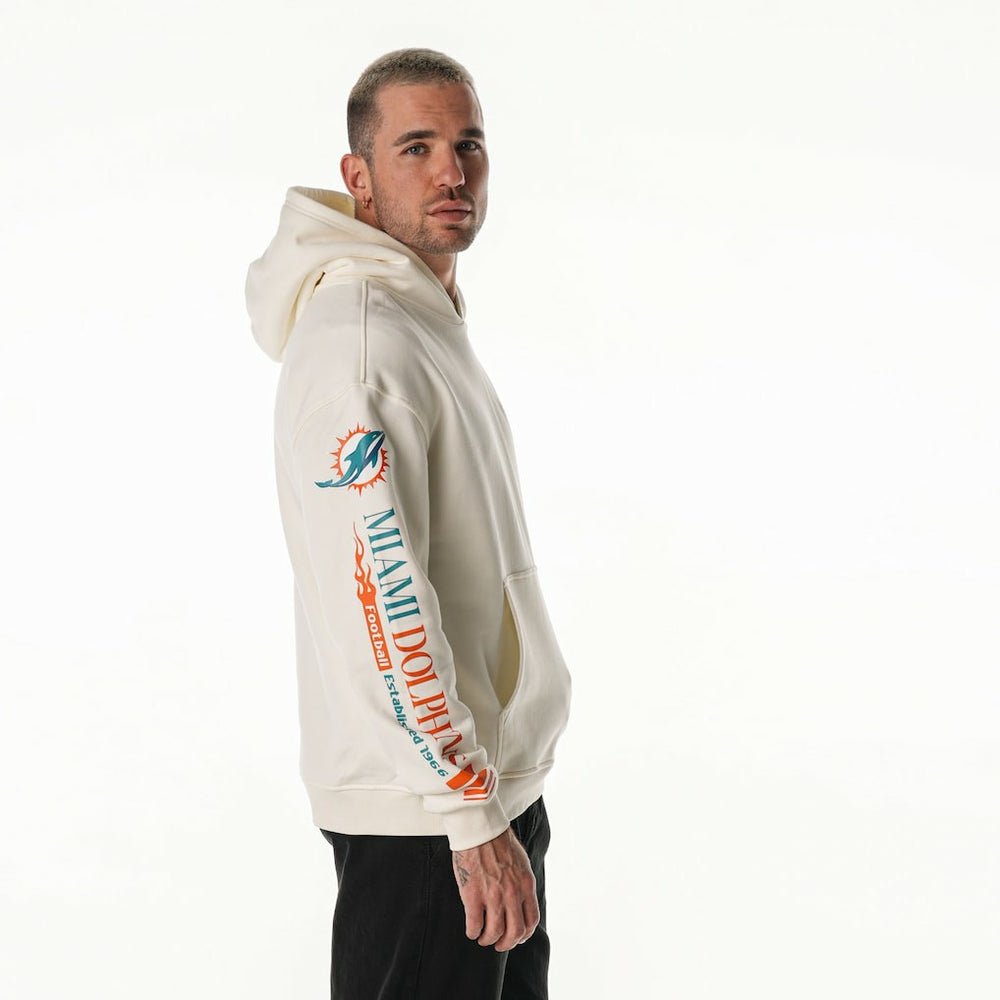 Miami Dolphins The Wild Collective Unisex Stacked Graphic Sleeve Fleece Hoodie Cream