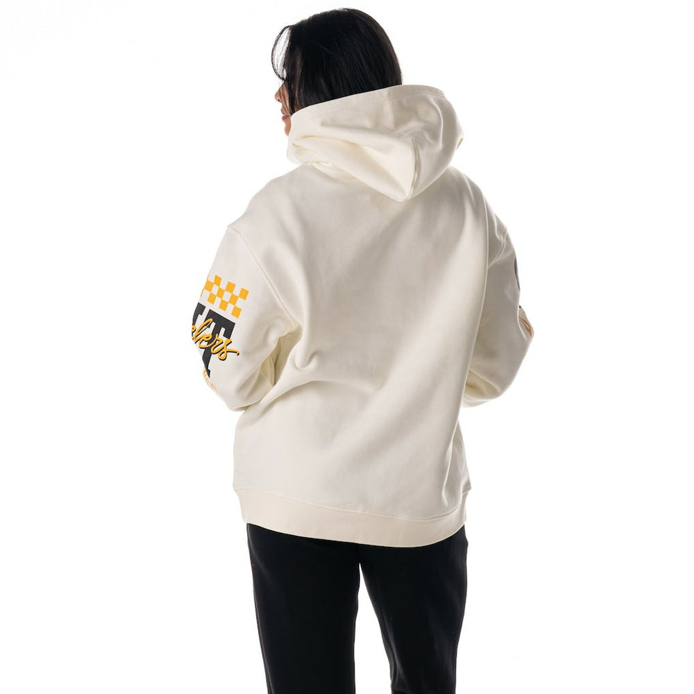 Pittsburgh Steelers The Wild Collective Unisex Stacked Graphic Sleeve Fleece Hoodie Cream