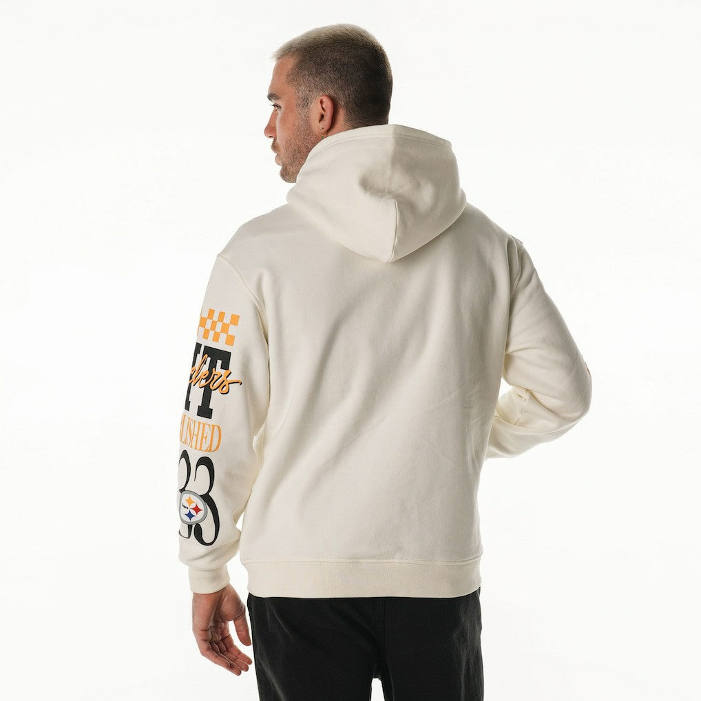 Pittsburgh Steelers The Wild Collective Unisex Stacked Graphic Sleeve Fleece Hoodie Cream