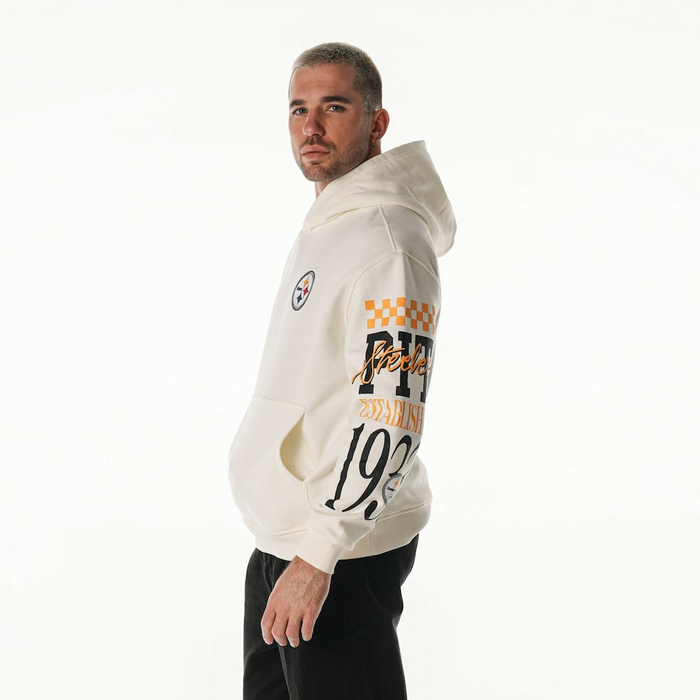 Pittsburgh Steelers The Wild Collective Unisex Stacked Graphic Sleeve Fleece Hoodie Cream