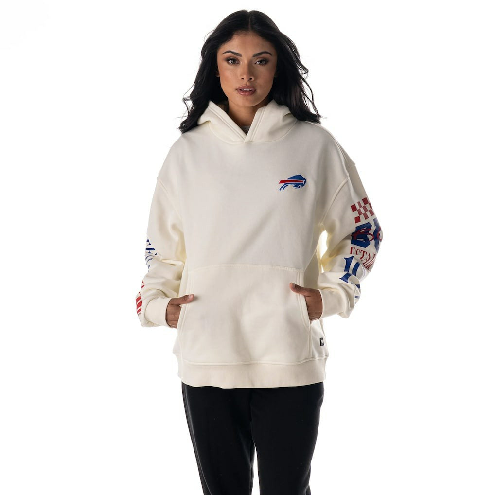 Buffalo Bills The Wild Collective Unisex Stacked Graphic Sleeve Fleece Hoodie Cream