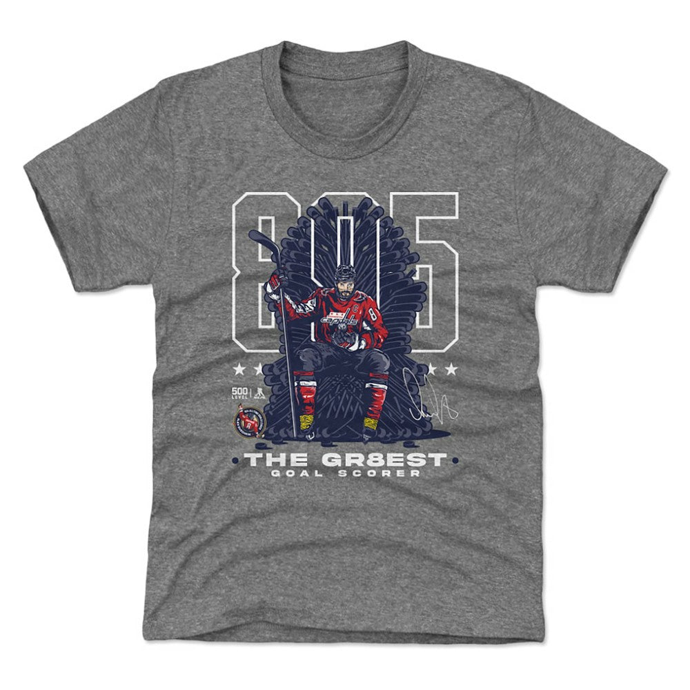 NHL Alexander Ovechkin Washington Capitals 500 Level Youth NHL All-Time Leading Goal Scorer Throne T-Shirt - Gray