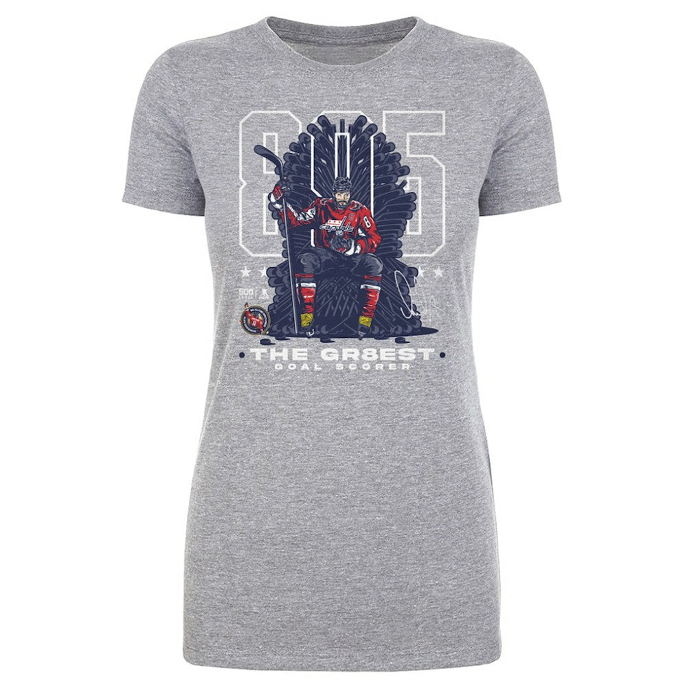 NHL Alexander Ovechkin Washington Capitals 500 Level Women's NHL All-Time Leading Goal Scorer Throne T-Shirt - Heather Gray