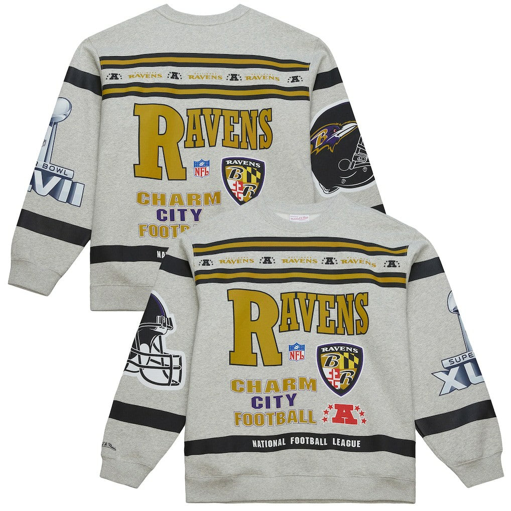 Baltimore Ravens All Over Print Vintage Fleece Crewneck Sweatshirt Heather Gray