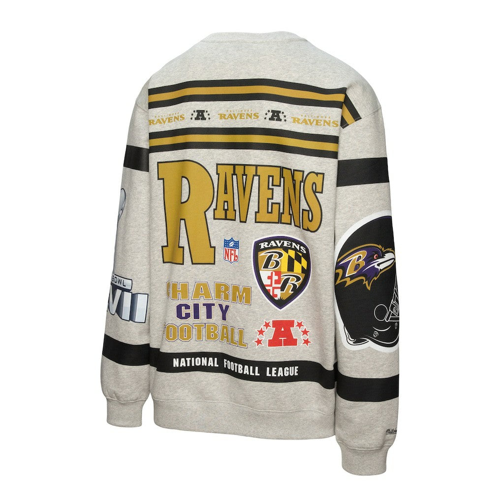 Baltimore Ravens All Over Print Vintage Fleece Crewneck Sweatshirt Heather Gray