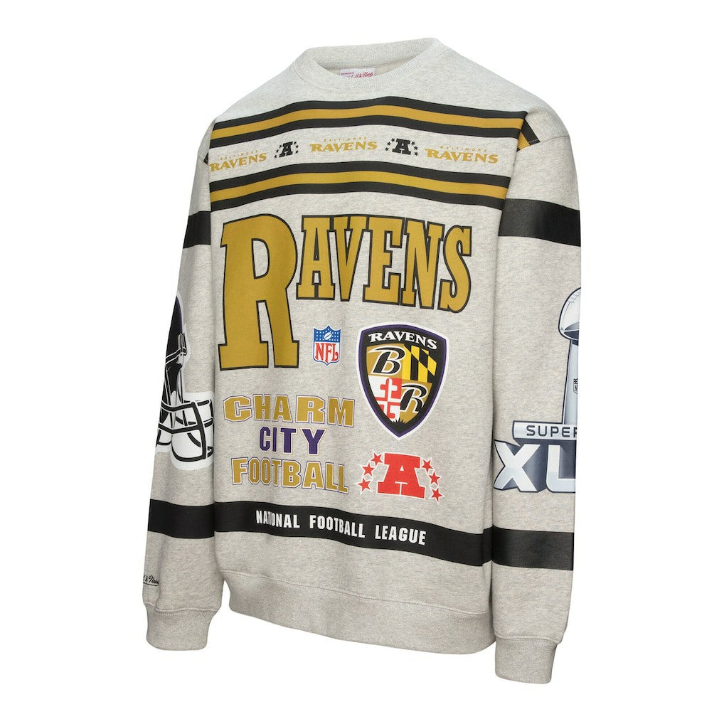 Baltimore Ravens All Over Print Vintage Fleece Crewneck Sweatshirt Heather Gray