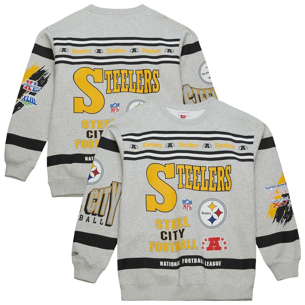 Pittsburgh Steelers All Over Print Vintage Fleece Crewneck Sweatshirt Heather Gray