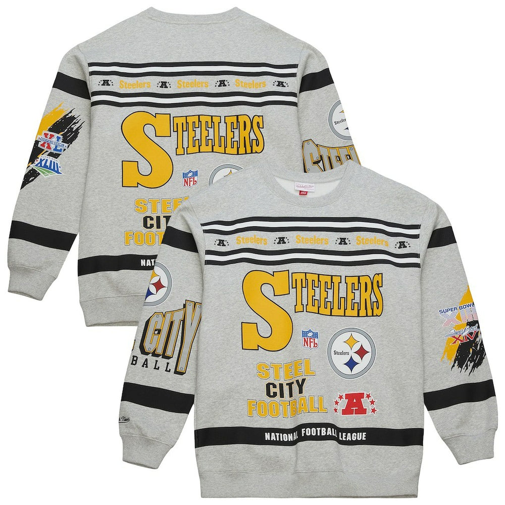 Pittsburgh Steelers All Over Print Vintage Fleece Crewneck Sweatshirt Heather Gray