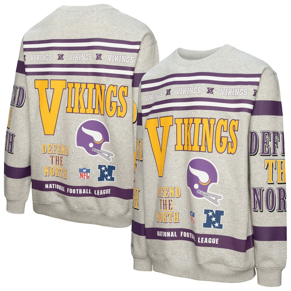 Minnesota Vikings All Over Print Vintage Fleece Crewneck Sweatshirt Heather Gray