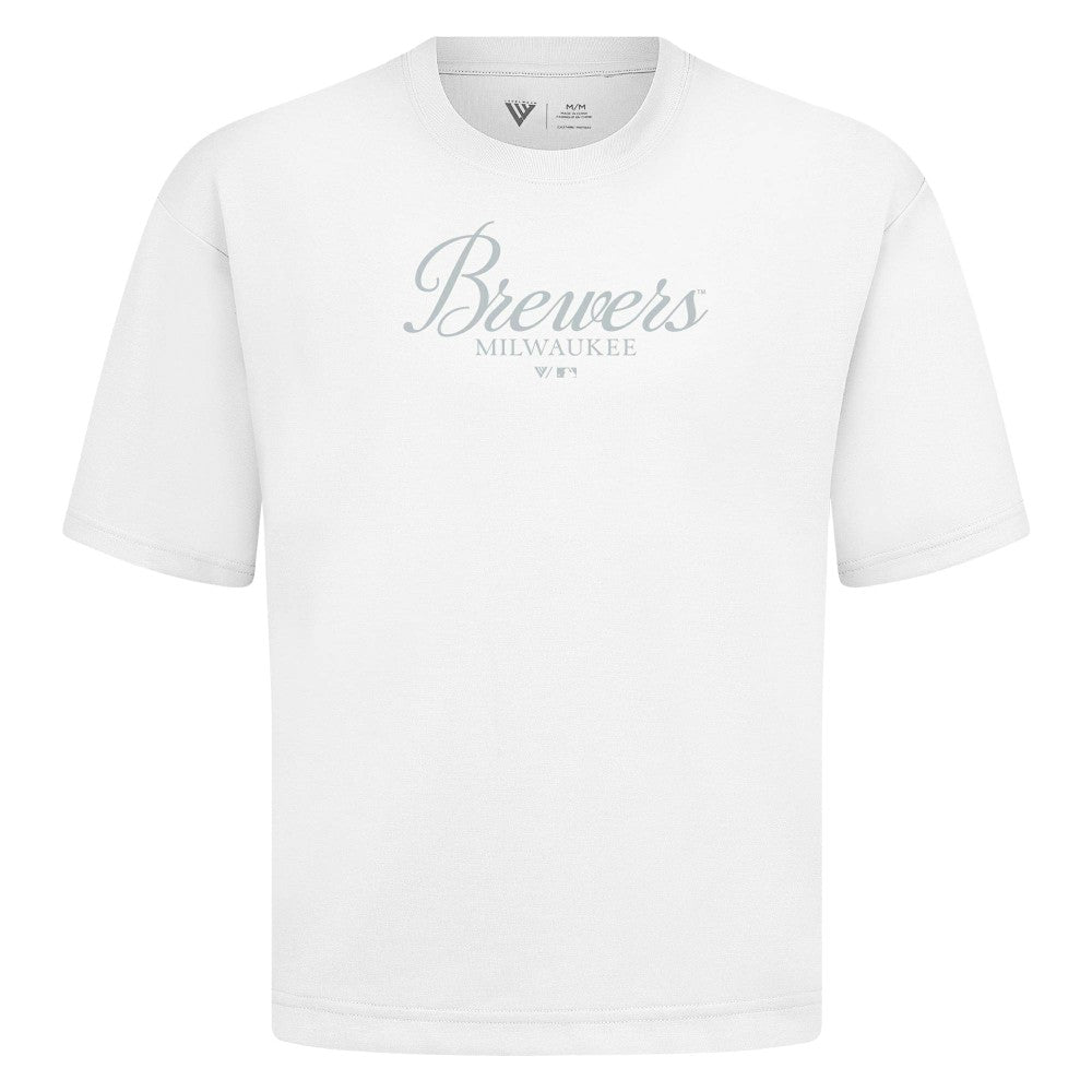 Milwaukee Brewers Levelwear Ethereal Oversized Luxe Signature Knit T-Shirt - White T-shirts