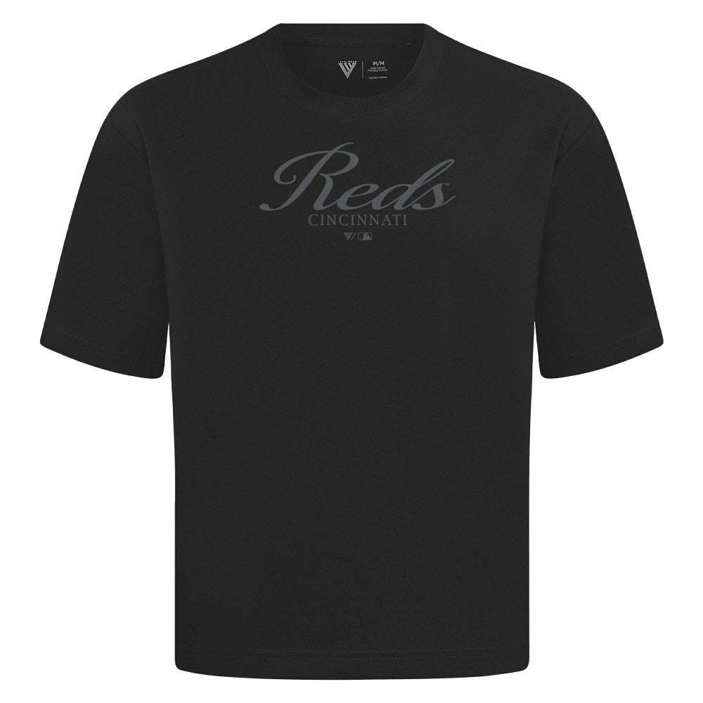 Cincinnati Reds Levelwear Ethereal Oversized Luxe Signature Knit T-Shirt - Black T-shirts