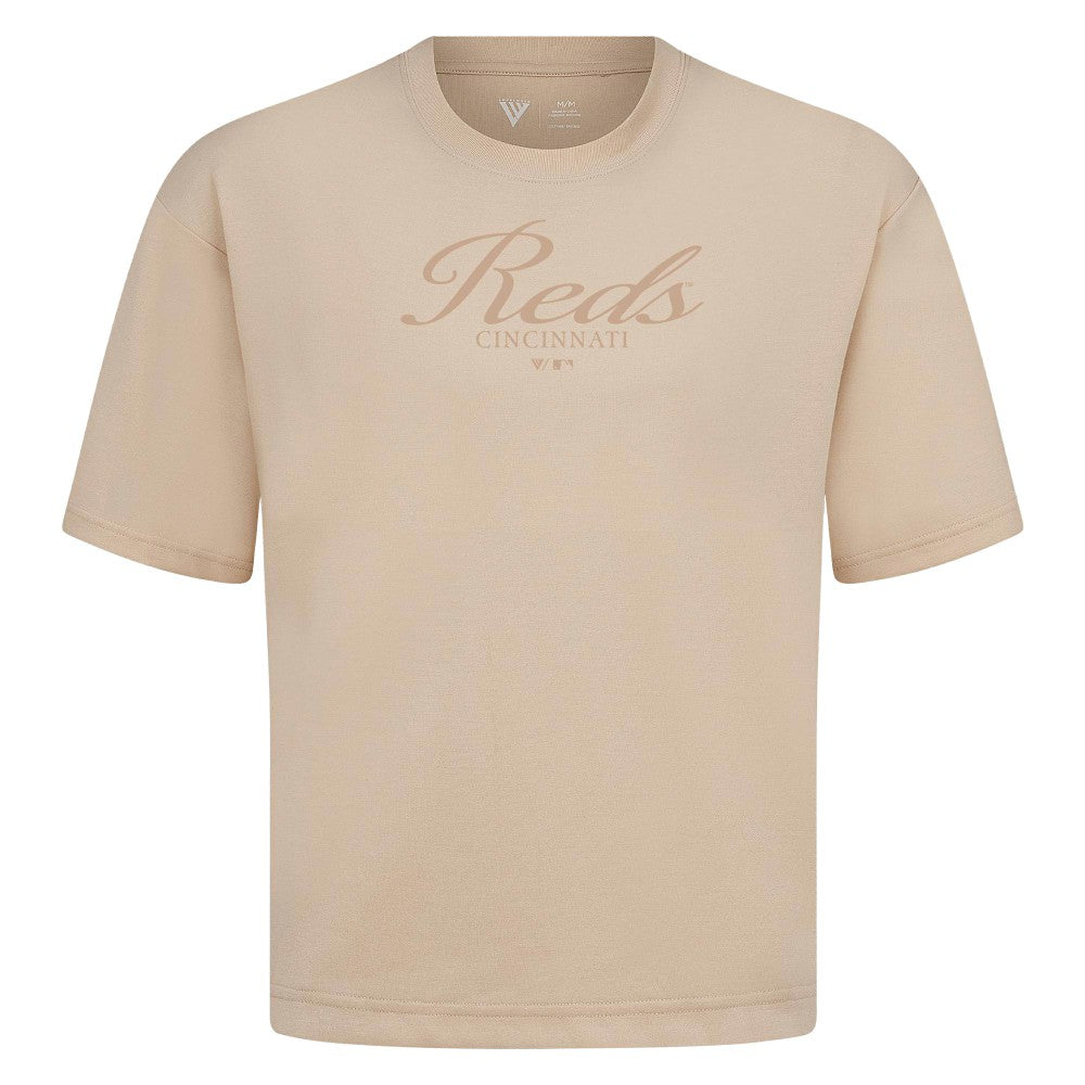 Cincinnati Reds Levelwear Ethereal Oversized Luxe Signature Knit T-Shirt - Khaki T-shirts