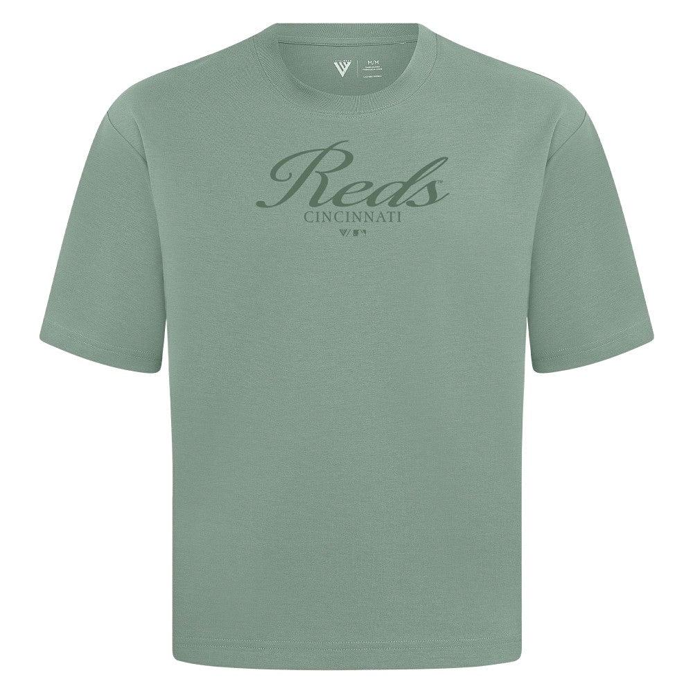 Cincinnati Reds Levelwear Ethereal Oversized Luxe Signature Knit T-Shirt - Green T-shirts
