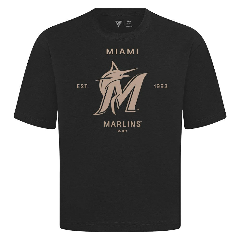 Miami Marlins Levelwear Crossway Oversized Luxe Signature Knit T-Shirt - Black T-shirts