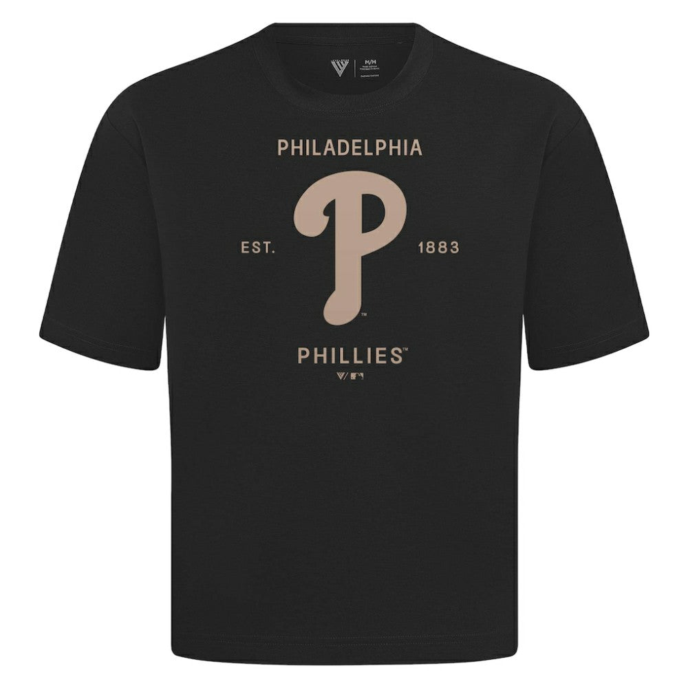 Philadelphia Phillies Levelwear Crossway Oversized Luxe Signature Knit T-Shirt - Black T-shirts