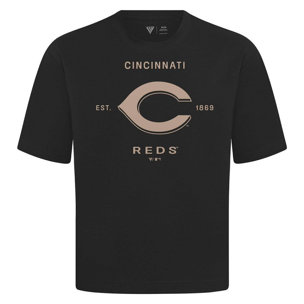 Cincinnati Reds Levelwear Crossway Oversized Luxe Signature Knit T-Shirt - Black T-shirts