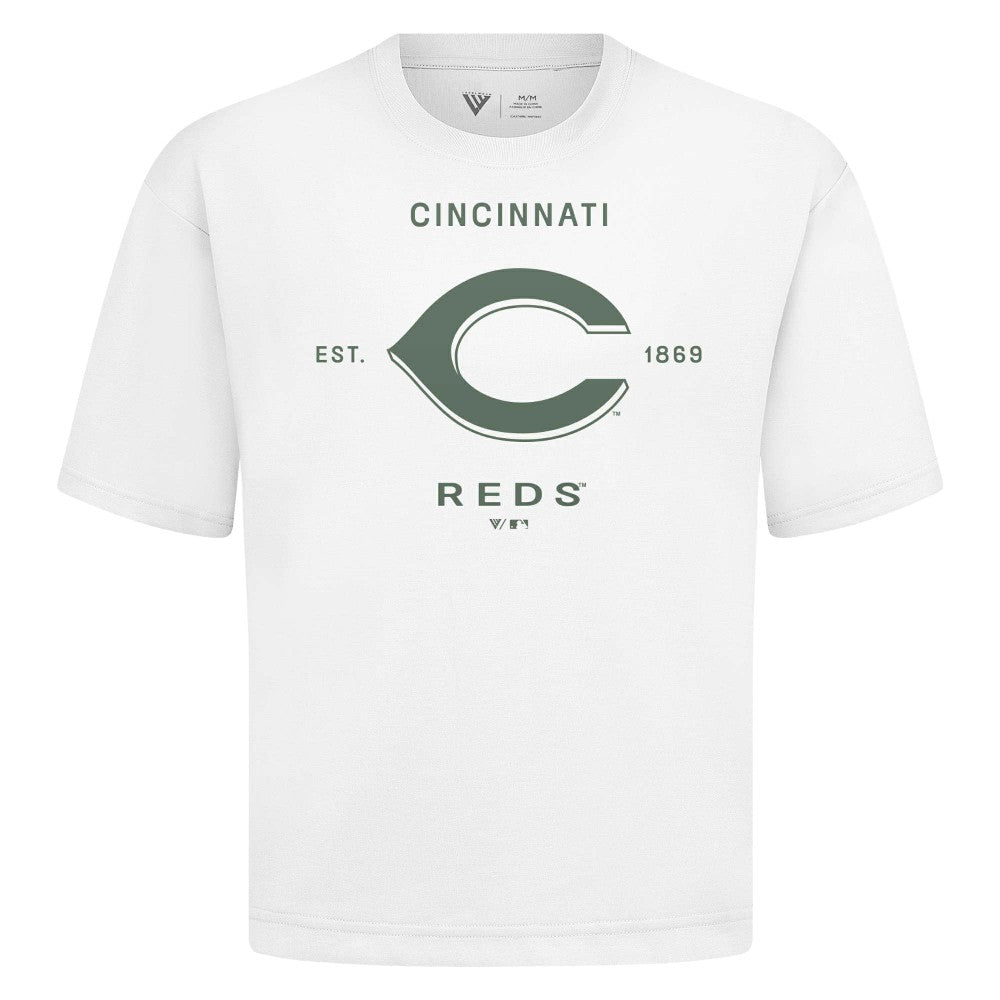Cincinnati Reds Levelwear Crossway Oversized Luxe Signature Knit T-Shirt - White T-shirts