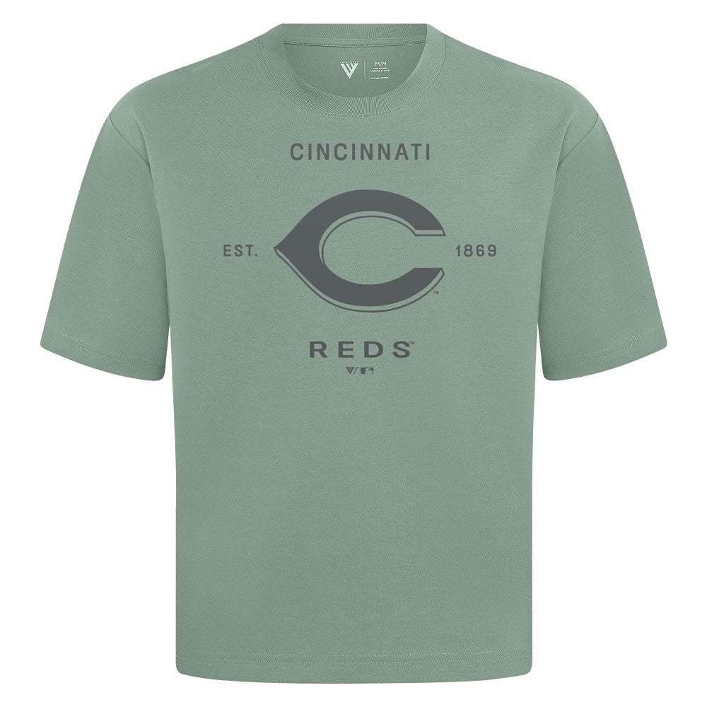 Cincinnati Reds Levelwear Crossway Oversized Luxe Signature Knit T-Shirt - Green T-shirts