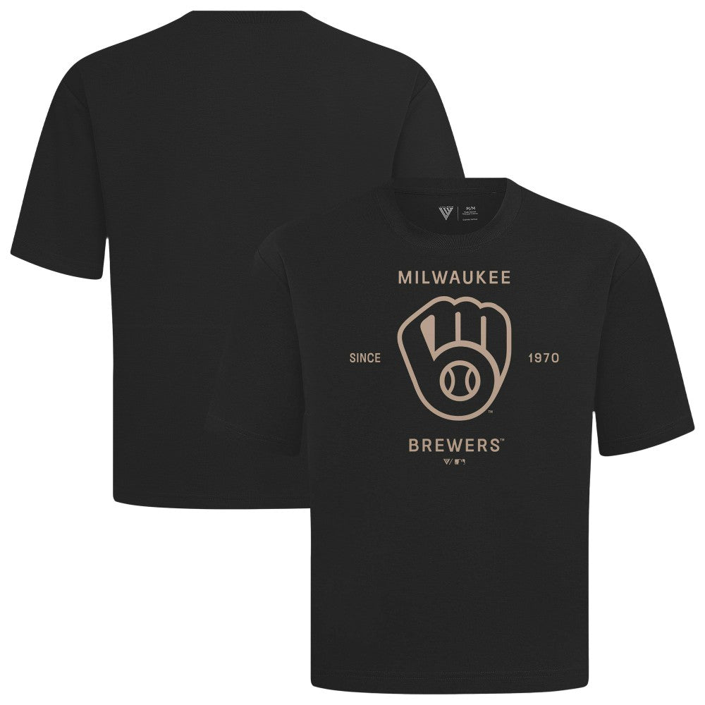Milwaukee Brewers Levelwear Crossway Oversized Luxe Signature Knit T-Shirt - Black T-shirts