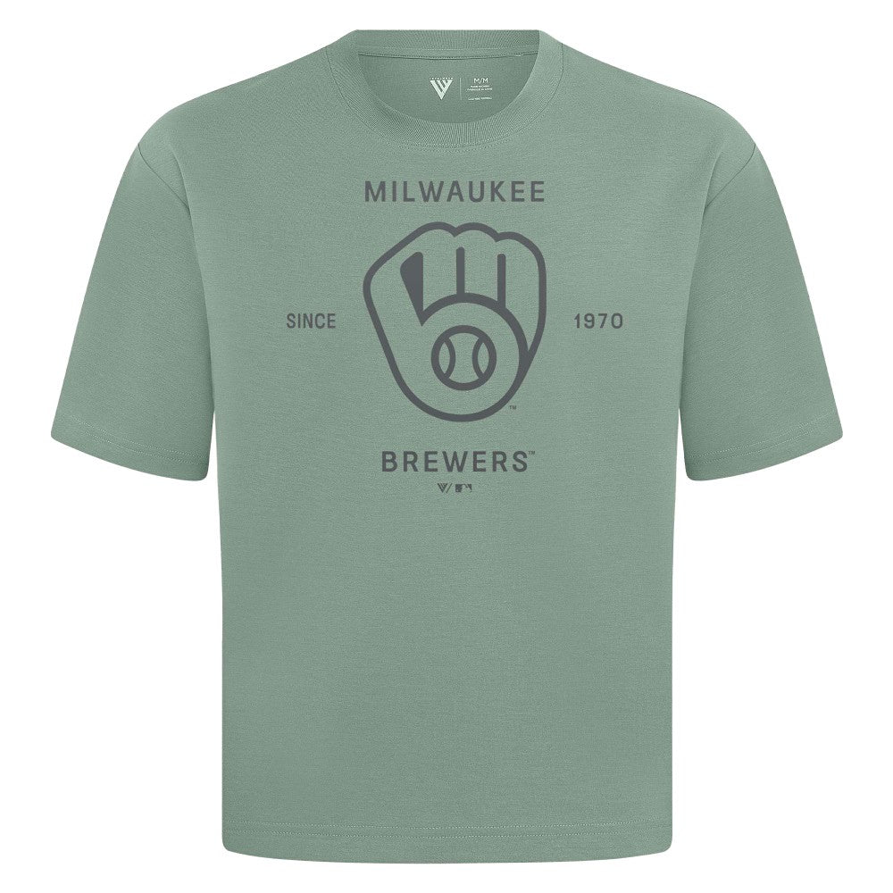 Milwaukee Brewers Levelwear Crossway Oversized Luxe Signature Knit T-Shirt - Green T-shirts