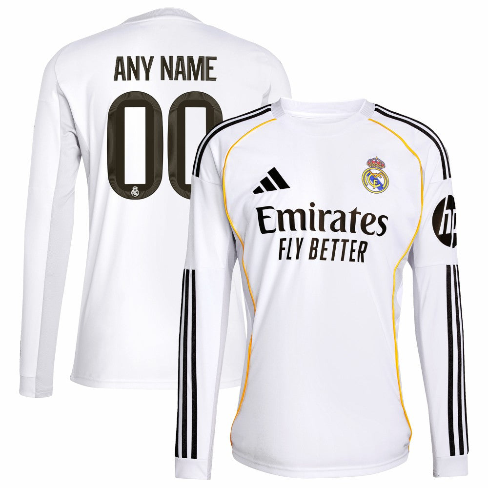 Real Madrid 2025/26 Home Replica Long Sleeve Custom Jersey White