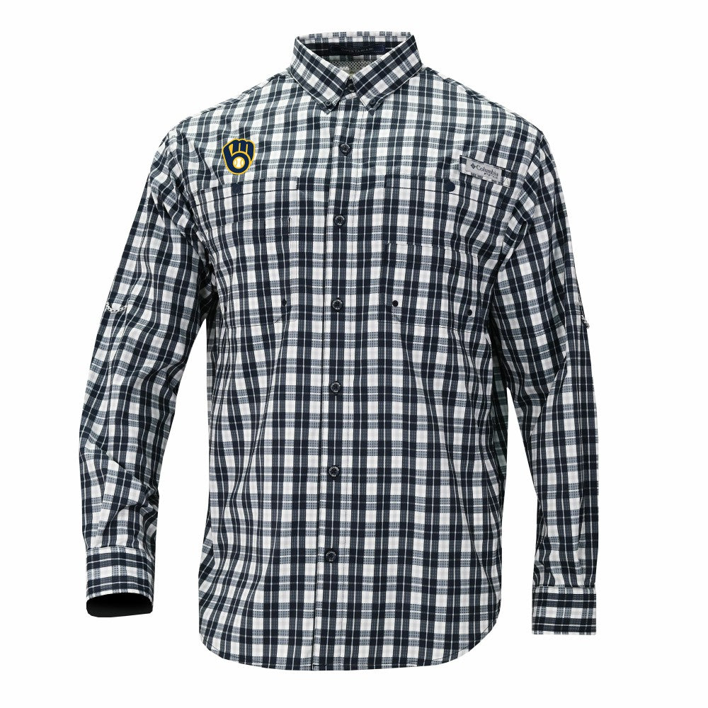 Milwaukee Brewers Columbia Super Tamiami Omni-Shade Long Sleeve Button-Down Shirt - Navy