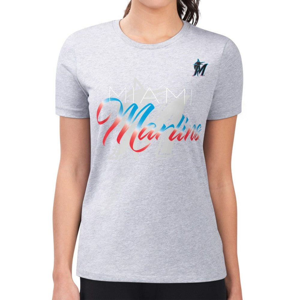 Miami Marlins G-III 4Her by Carl Banks Women's Super-Slim Fit Lightweight Shadow Logo Graphic T-Shirt - Heather Gray T-shirts