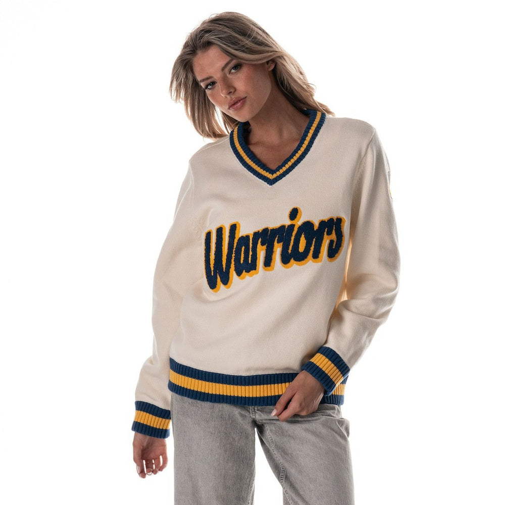 Golden State Warriors The Wild Collective Women's Jacquard V-Neck Sweater Cream