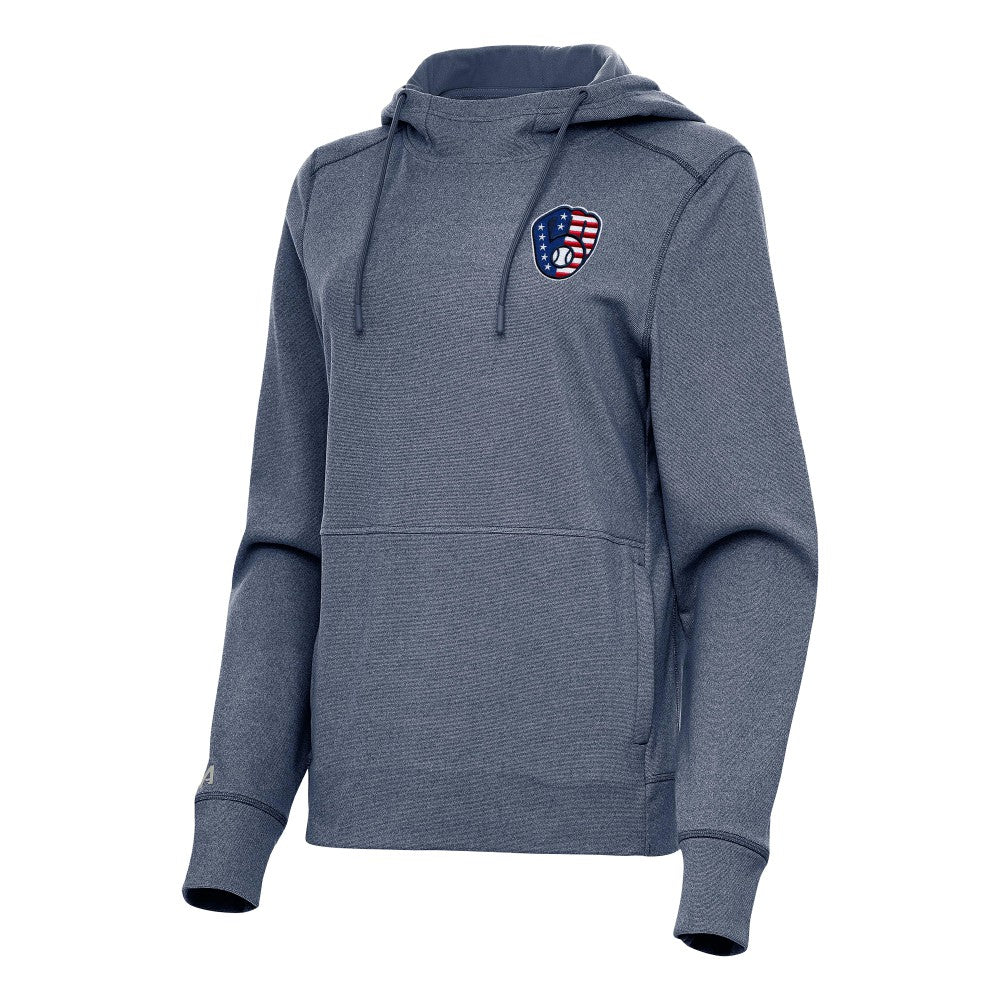 Milwaukee Brewers Antigua Women's Justice Stars and Stripes Team Logo Pullover Hoodie - Heather Navy Hoodies