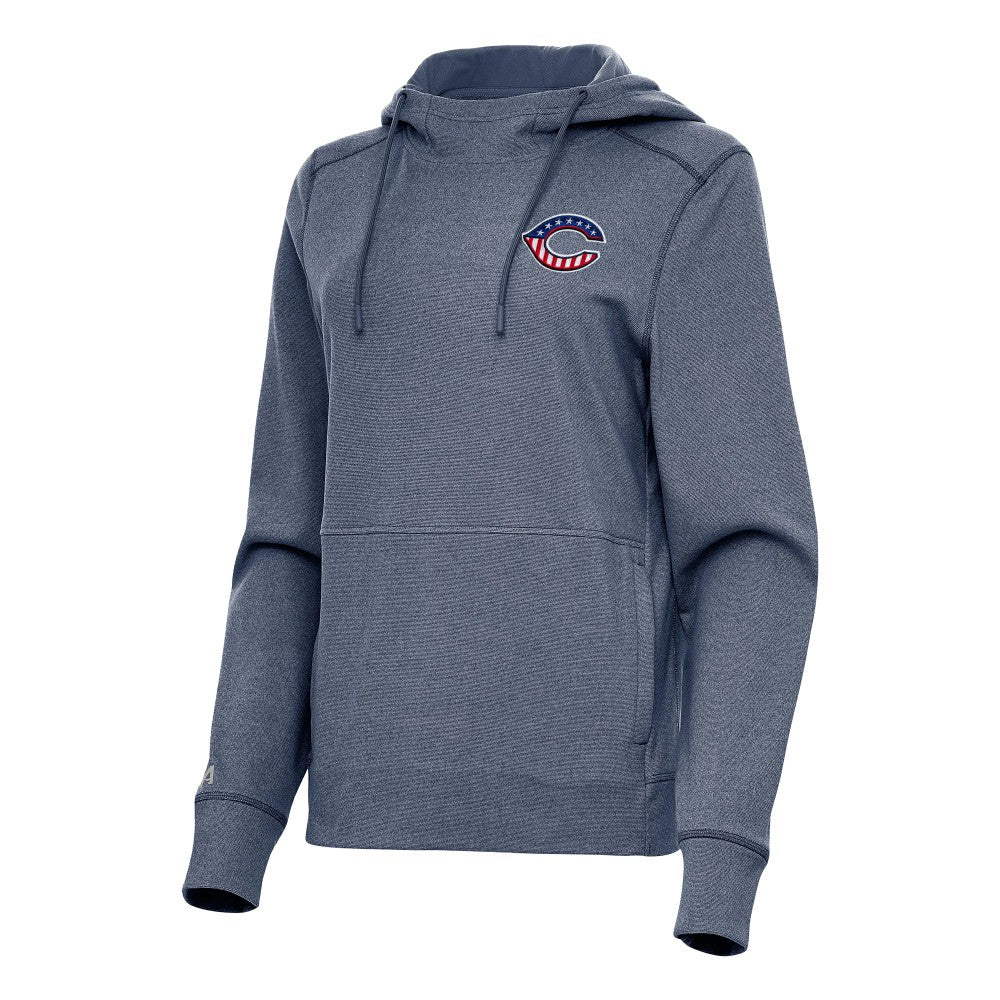 Cincinnati Reds Antigua Women's Justice Stars and Stripes Team Logo Pullover Hoodie - Heather Navy Hoodies