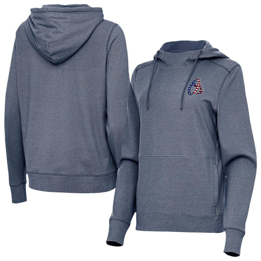 Baltimore Orioles Antigua Women's Justice Stars and Stripes Team Logo Pullover Hoodie - Heather Navy Hoodies