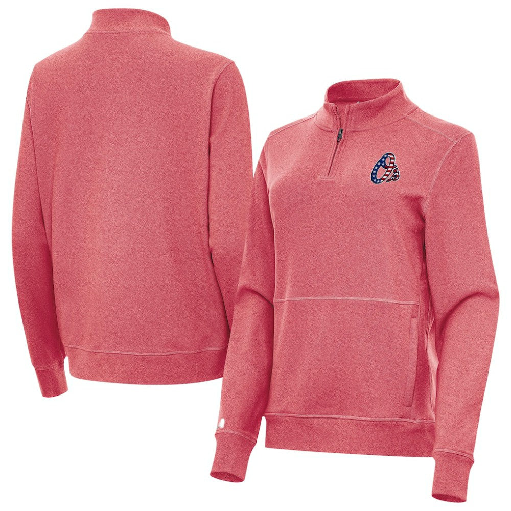Baltimore Orioles Antigua Women's Crush Stars and Stripes Team Logo Quarter-Zip Pullover Top - Heather Red Pullover