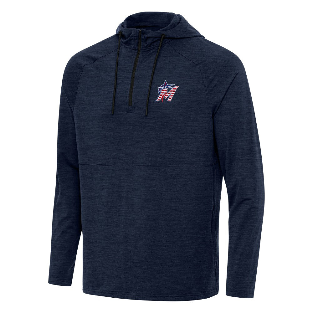 Miami Marlins Antigua Spikes Stars and Stripes Team Logo Quarter-Zip Pullover Hoodie - Heather Navy Hoodies
