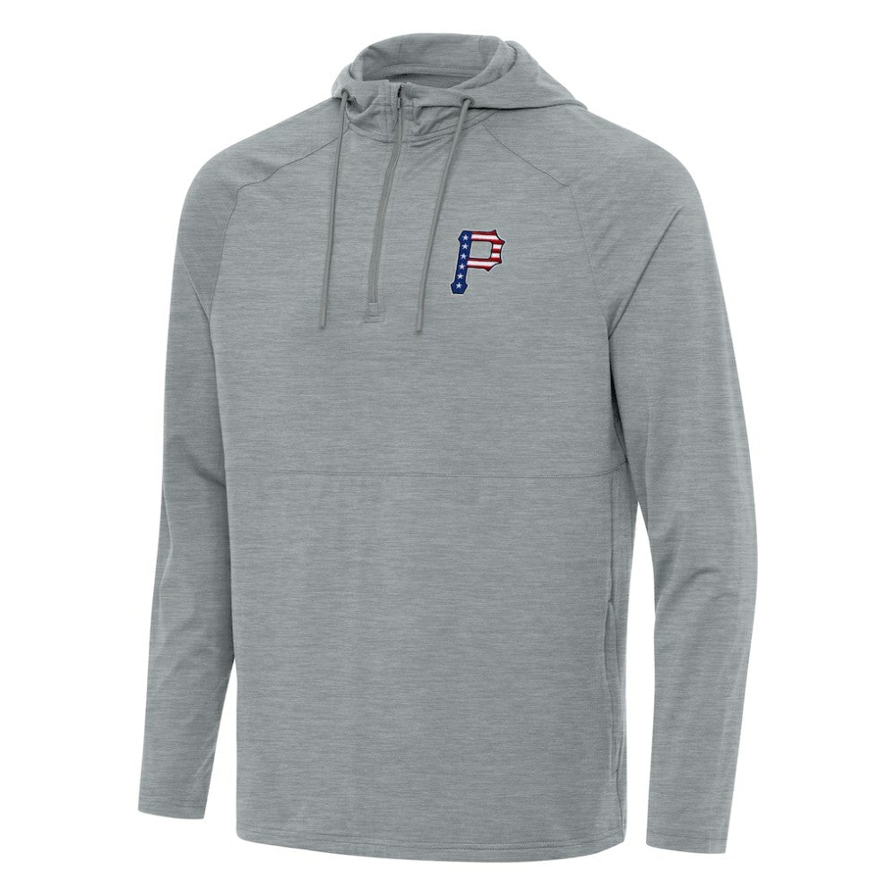 Pittsburgh Pirates Antigua Spikes Stars and Stripes Team Logo Quarter-Zip Pullover Hoodie - Heather Gray Hoodies