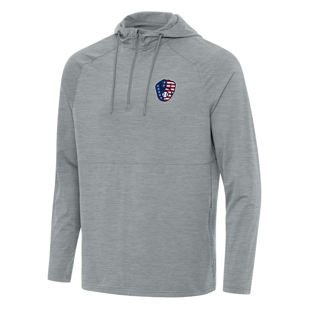 Milwaukee Brewers Antigua Spikes Stars and Stripes Team Logo Quarter-Zip Pullover Hoodie - Heather Gray Hoodies