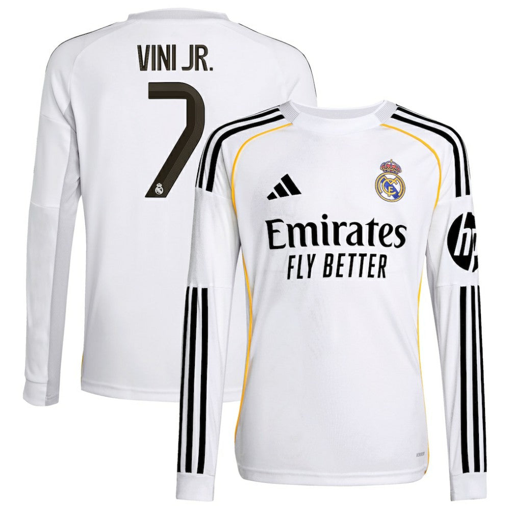 Vini Jr. Real Madrid Youth 2025/26 Home Replica Long Sleeve Jersey White