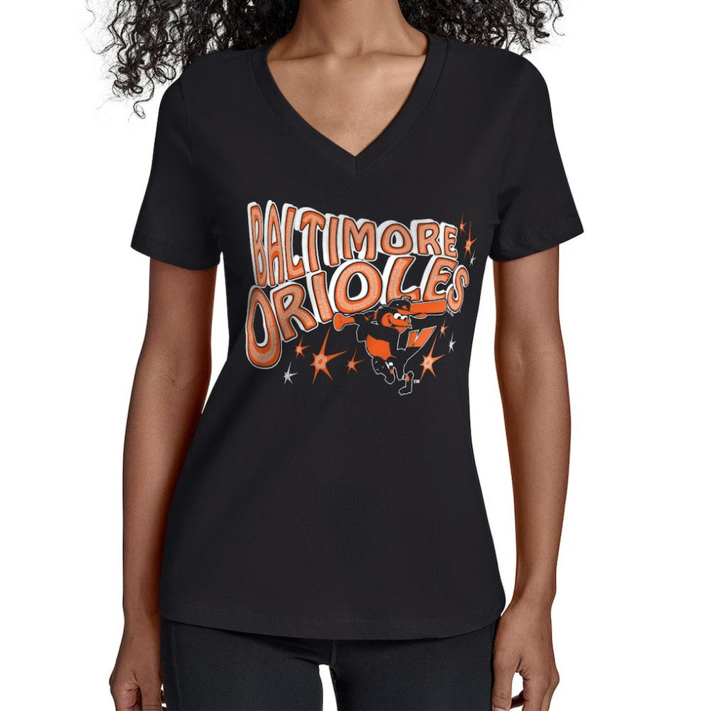 Baltimore Orioles Starter Women's Fireworks V-Neck T-Shirt - Black T-shirts