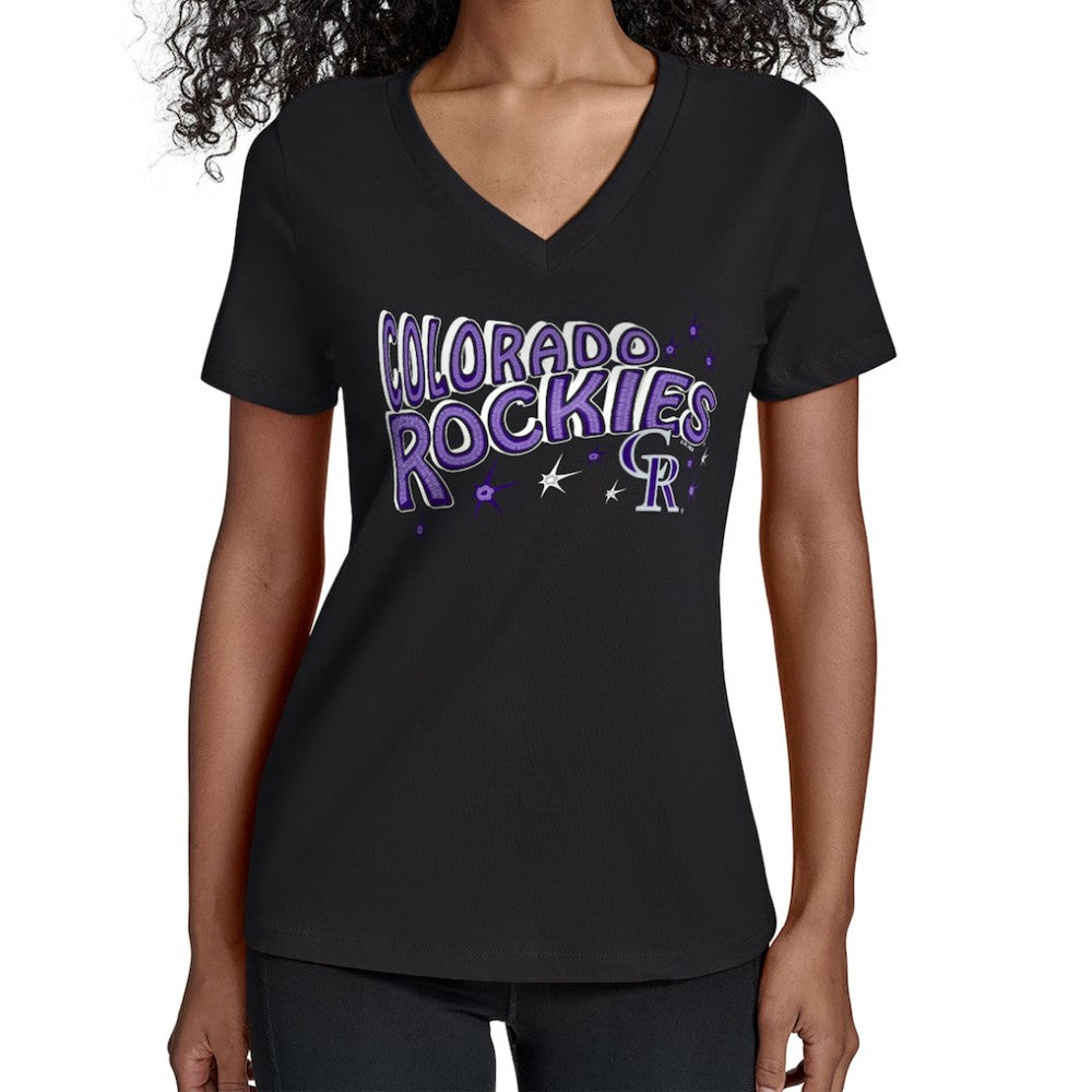 Colorado Rockies Starter Women's Fireworks V-Neck T-Shirt - Black T-shirts