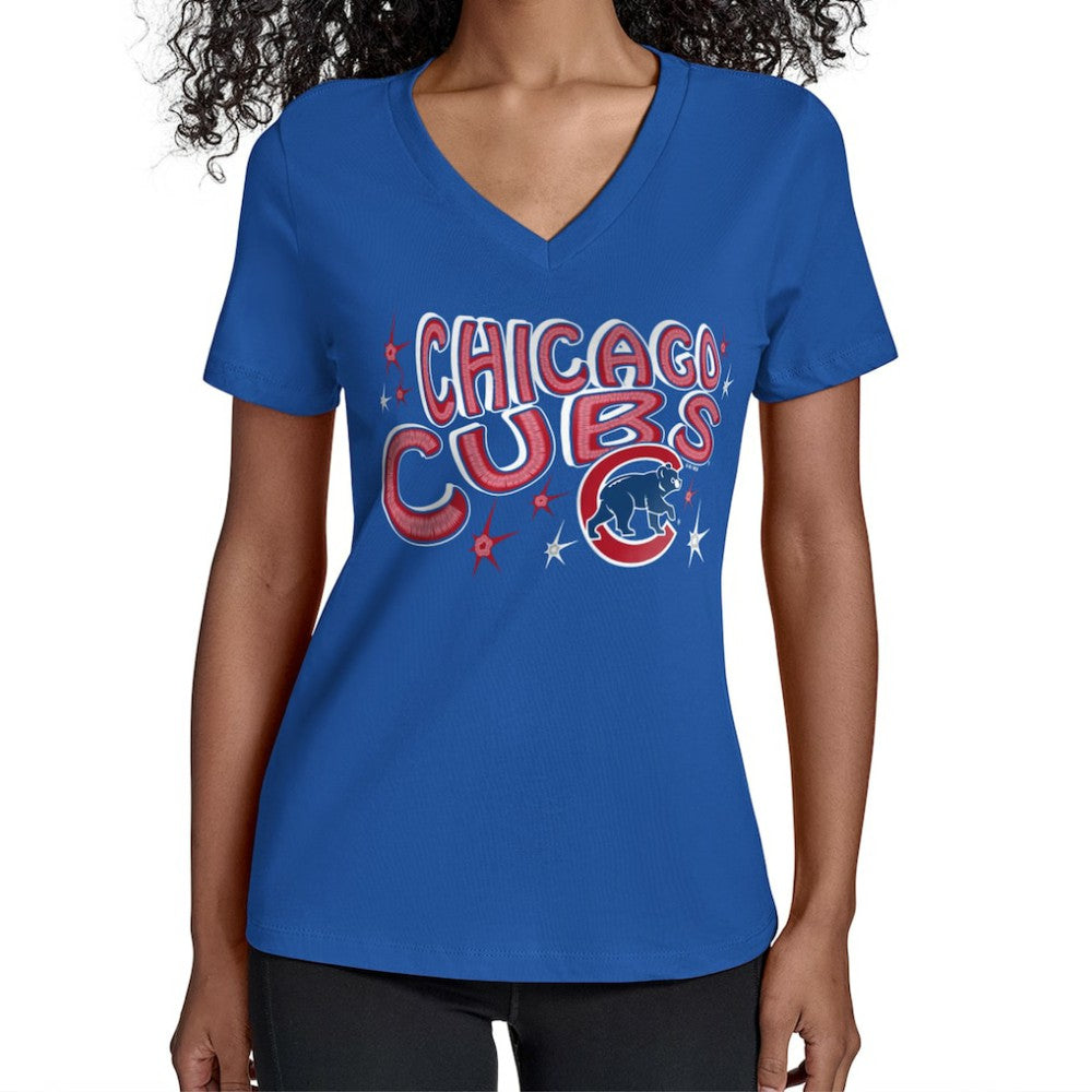 Chicago Cubs Starter Women's Fireworks Team Name V-Neck T-Shirt - Royal T-shirts
