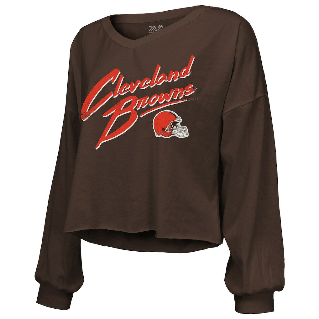 Shedeur Sanders Cleveland Browns Majestic Threads Women's Name & Number Off-Shoulder Script Cropped Long Sleeve Relaxed V-Neck T-Shirt Brown
