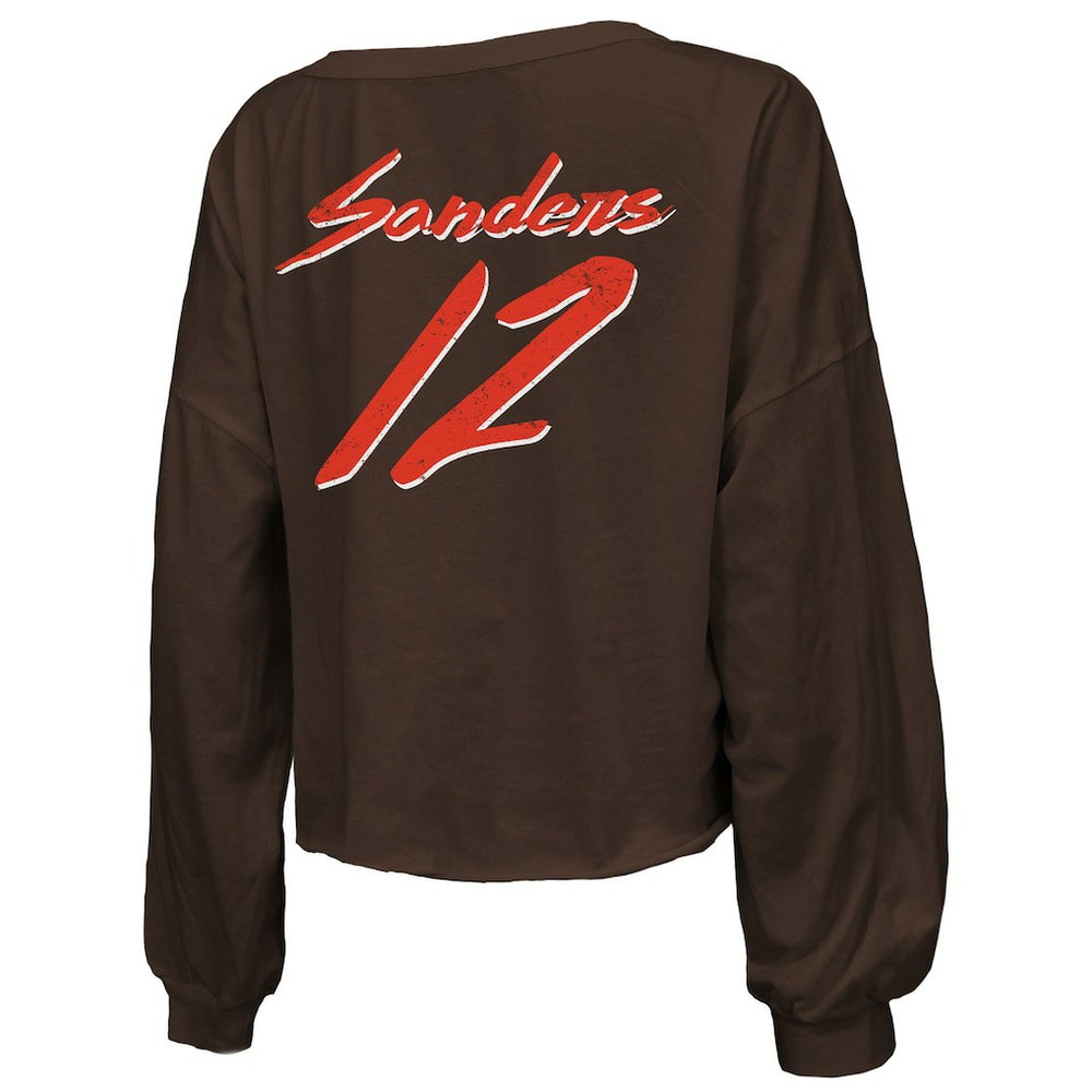 Shedeur Sanders Cleveland Browns Majestic Threads Women's Name & Number Off-Shoulder Script Cropped Long Sleeve Relaxed V-Neck T-Shirt Brown