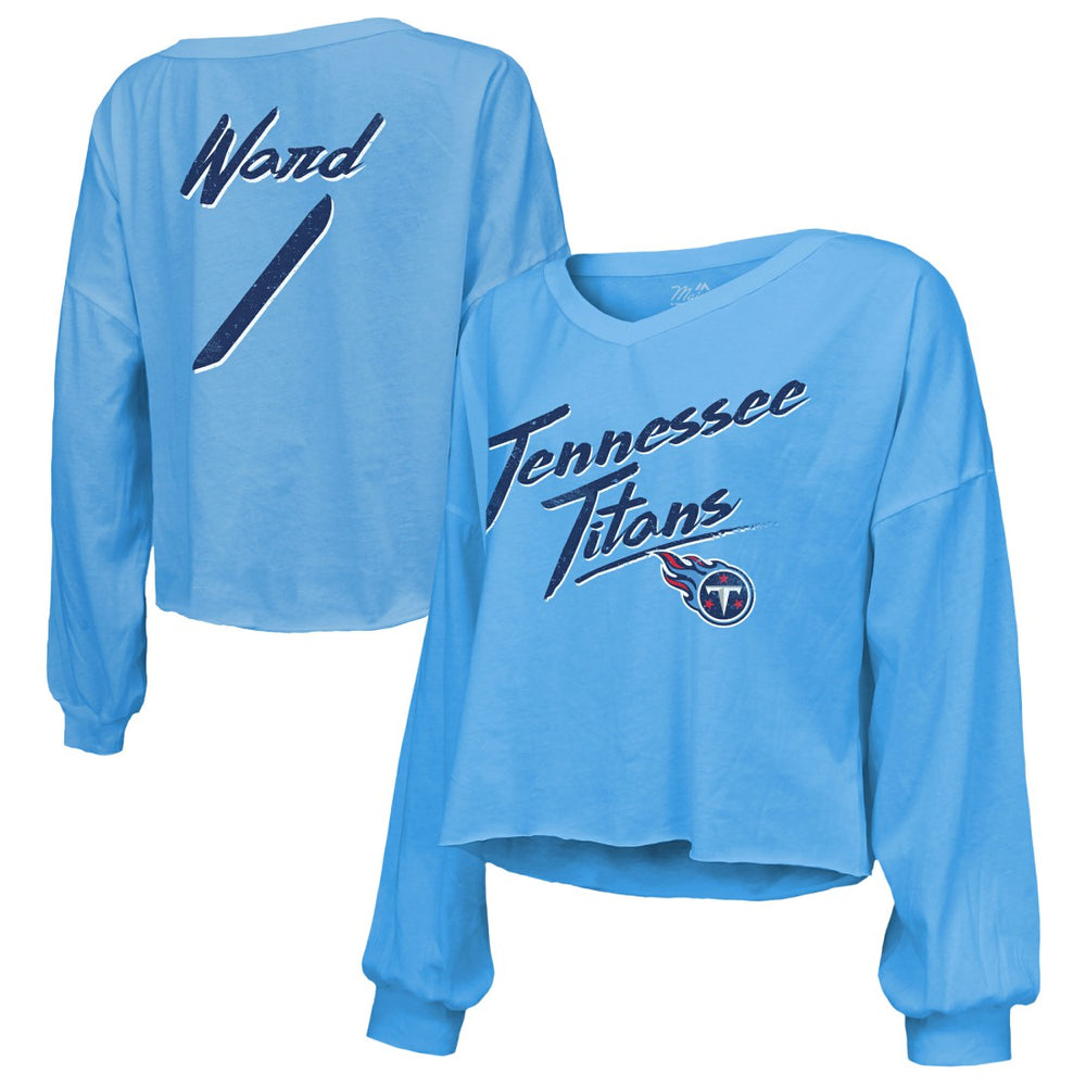 Cameron Ward Tennessee Titans Majestic Threads Women's Name & Number Off-Shoulder Script Cropped Long Sleeve Relaxed V-Neck T-Shirt Light Blue
