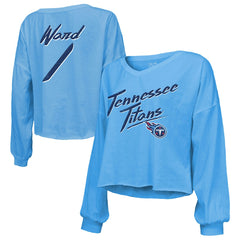 Cameron Ward Tennessee Titans Majestic Threads Women's Name & Number Off-Shoulder Script Cropped Long Sleeve Relaxed V-Neck T-Shirt Light Blue