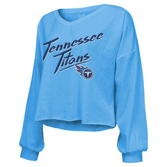 Cameron Ward Tennessee Titans Majestic Threads Women's Name & Number Off-Shoulder Script Cropped Long Sleeve Relaxed V-Neck T-Shirt Light Blue