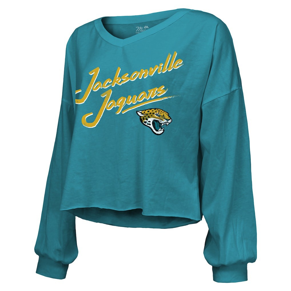 Travis Hunter Jacksonville Jaguars Majestic Threads Women's Name & Number Off-Shoulder Script Cropped Long Sleeve Relaxed V-Neck T-Shirt Teal
