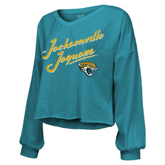 Travis Hunter Jacksonville Jaguars Majestic Threads Women's Name & Number Off-Shoulder Script Cropped Long Sleeve Relaxed V-Neck T-Shirt Teal