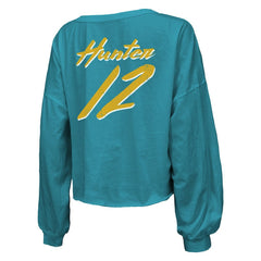 Travis Hunter Jacksonville Jaguars Majestic Threads Women's Name & Number Off-Shoulder Script Cropped Long Sleeve Relaxed V-Neck T-Shirt Teal