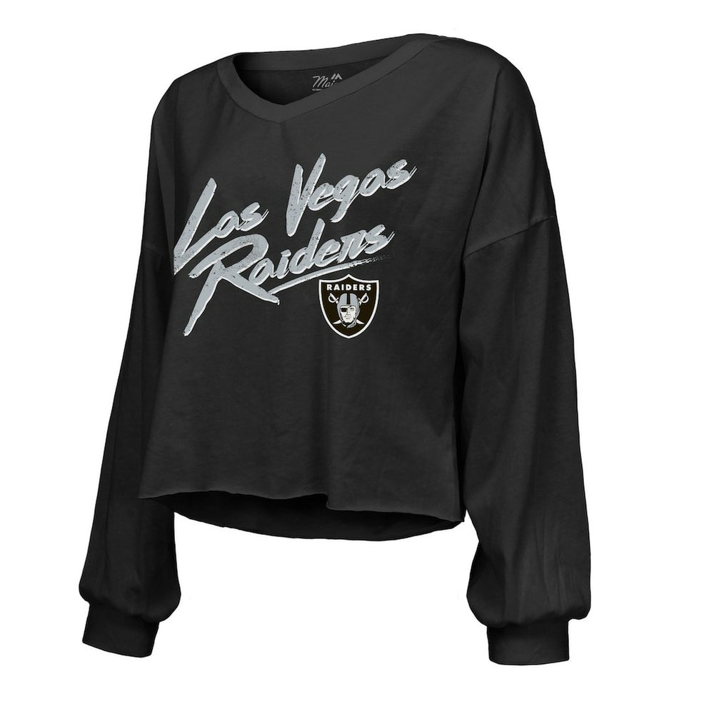 Ashton Jeanty Las Vegas Raiders Majestic Threads Women's Name & Number Off-Shoulder Script Cropped Long Sleeve Relaxed V-Neck T-Shirt Black