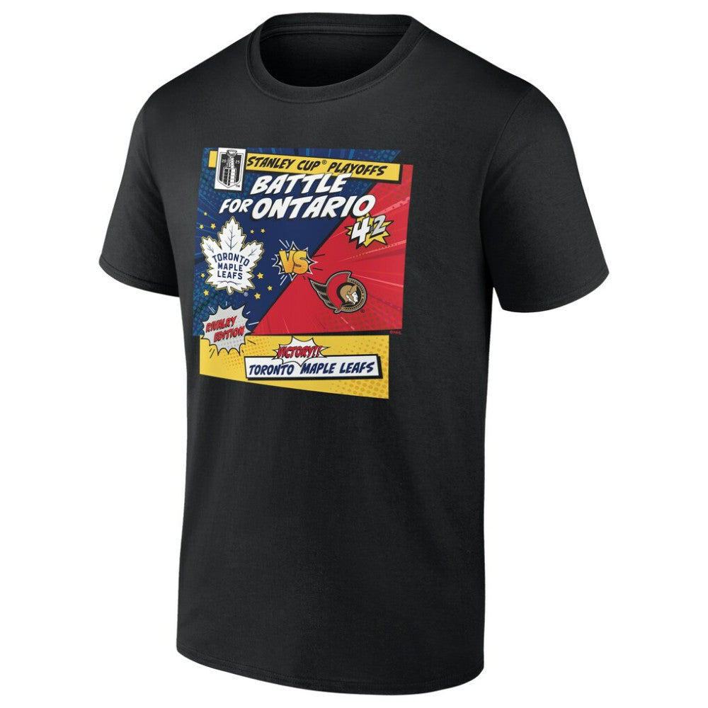 NHL Toronto Maple Leafs vs. Ottawa Senators 2025 Stanley Cup Playoffs Rivalry Comic Pop T-Shirt - Black