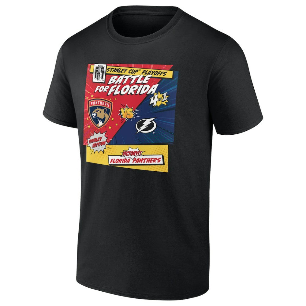 NHL Florida Panthers vs. Tampa Bay Lightning 2025 Stanley Cup Playoffs Rivalry Comic Pop T-Shirt - Black